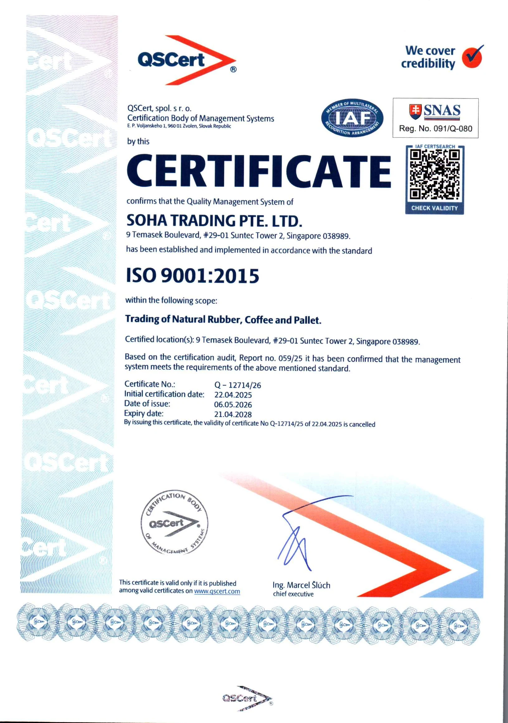 ISO 9001:2015 Certificate - Soha Tradings